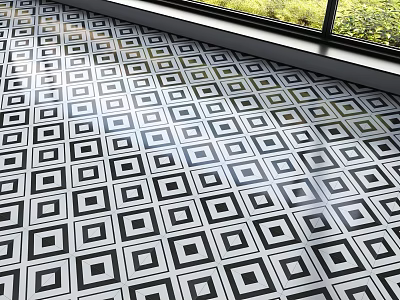 Black And White Geometric Pattern Floor Tiles Near Window With Green Plants Outside 3d model