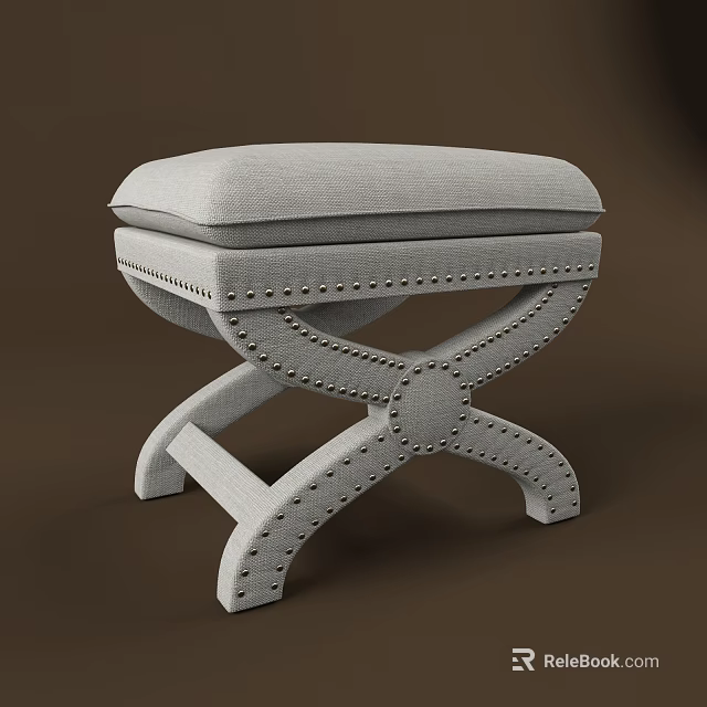 Modern Gray Upholstered Ottoman With Cross Leg Design And Studded Details 3d model 