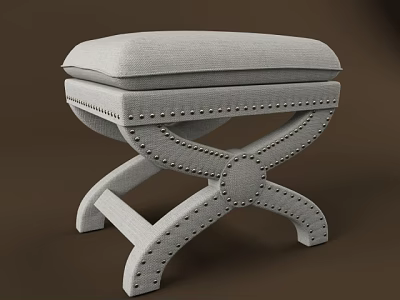 Modern Gray Upholstered Ottoman With Cross Leg Design And Studded Details 3d model