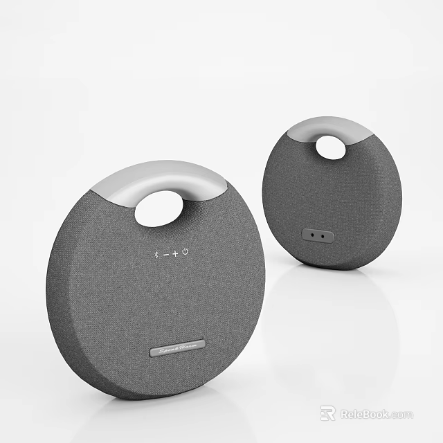 Modern Round Gray Fabric Wireless Speakers With Ergonomic Handle Design 3d model 