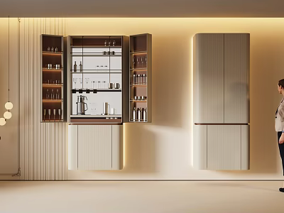 Modern Wine Cabinet With Glass Doors Wine Bottles Glasses And Lighting In Open Kitchen 3d model