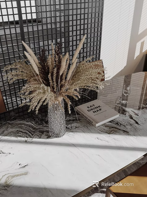 Elegant Decorative Ornament Set With Dried Flower Bouquet Sparkling Vase And Book On Marble Tabletop 3d model 