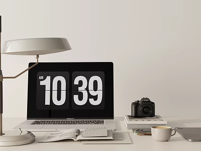 Desk Decorative Ornament Set with Flip Clock Table Lamp Laptop Book Camera Coffee Cup 3d model