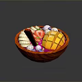 Wooden Fruit Bowl Filled With Assorted Fresh Fruits Like Mango Strawberry Banana And Blueberry