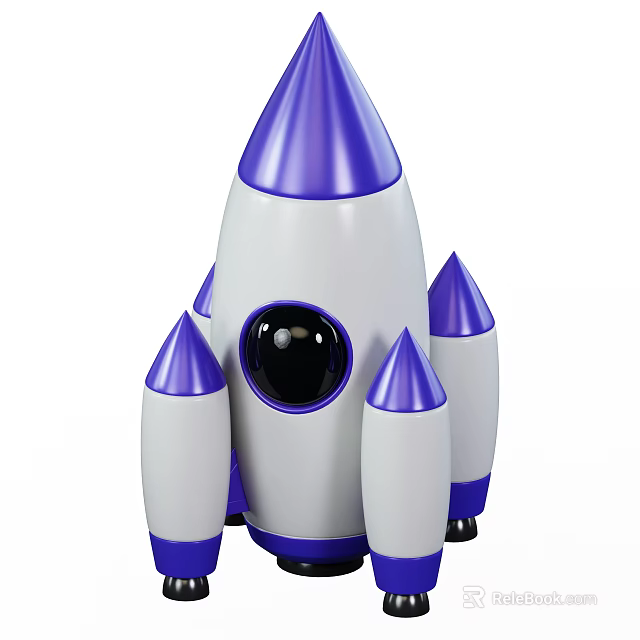 White And Purple Toy Rocket Model With Black Window And Thrusters Design 3d model 