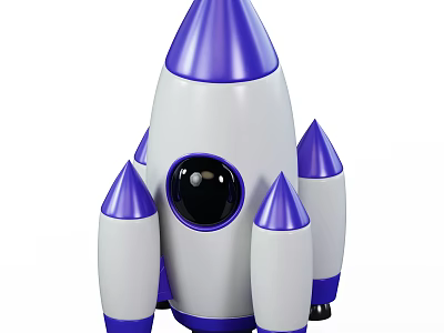 White And Purple Toy Rocket Model With Black Window And Thrusters Design 3d model