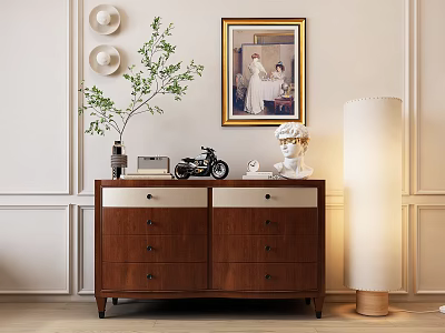 Wooden Console Cabinet Sideboard With Modern Design Green Plant Wall Sconces And Artwork 3d model