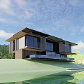 Modern Lakeside Detached Villa with Large Glass Windows Open Terrace and Green Trees