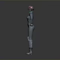 Woman in futuristic sci-fi costume with helmet green top and gray pants