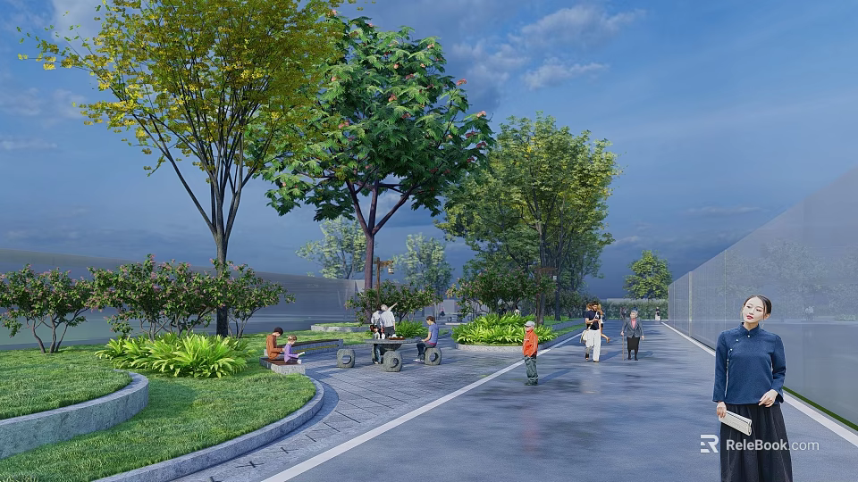 Outdoor Leisure Path with Trees Grass People Sitting on Benches Pedestrians and Strollers 3d model 