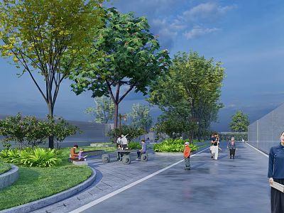 Outdoor Leisure Path with Trees Grass People Sitting on Benches Pedestrians and Strollers 3d model