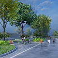 Outdoor Leisure Path with Trees Grass People Sitting on Benches Pedestrians and Strollers
