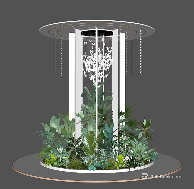 Elegant Floral Display With Lush Green Plants And White Columns Chandelier Design 3d model 