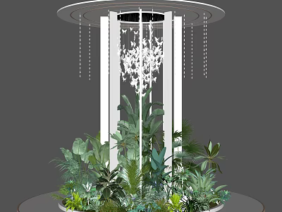 Elegant Floral Display With Lush Green Plants And White Columns Chandelier Design 3d model