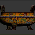 Ornament Decoration Set With Double Handle Orange Base Colorful Floral Patterns And Three Feet Design