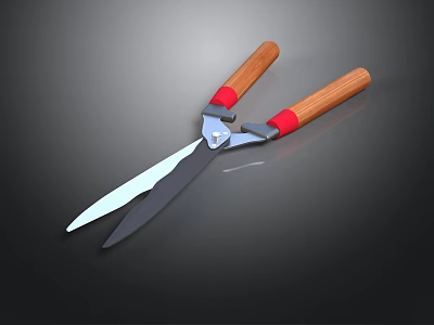 Professional Garden Scissors With Wooden Handles Red Connecting Parts And Metal Blades 3d model