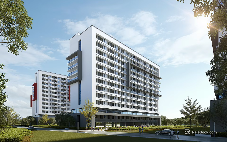 Modern High Rise Building With White Exterior Multiple Windows Green Landscape Trees And Vehicles 3d model 