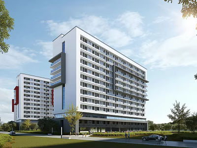 Modern High Rise Building With White Exterior Multiple Windows Green Landscape Trees And Vehicles 3d model