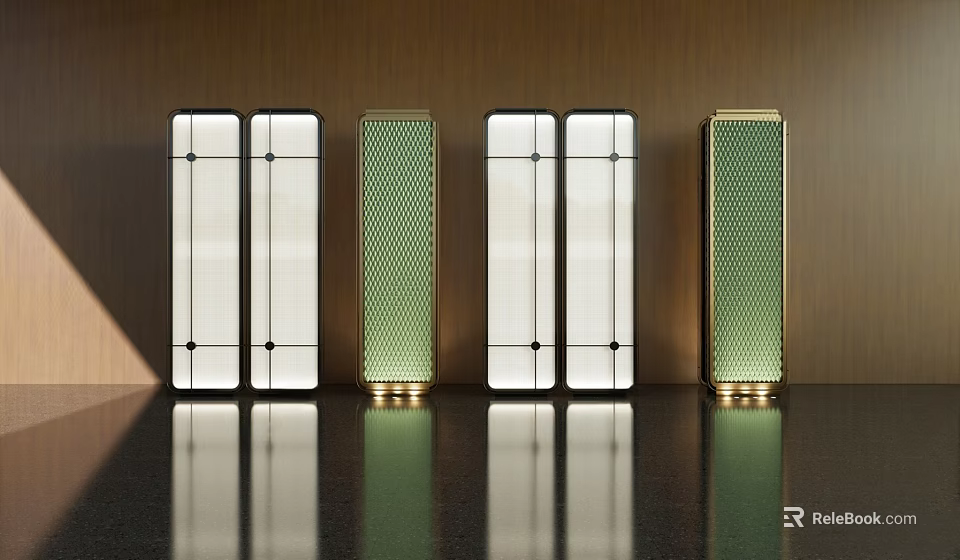 Modern Room Dividers With White Green Panels Gold Bases On Brown Wall Black Reflective Floor 3d model 