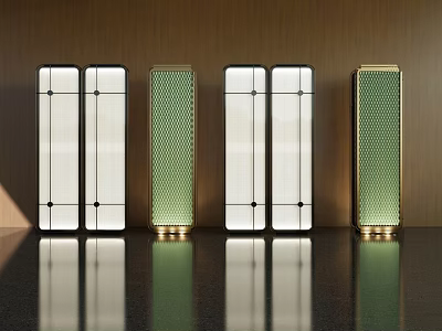 Modern Room Dividers With White Green Panels Gold Bases On Brown Wall Black Reflective Floor 3d model