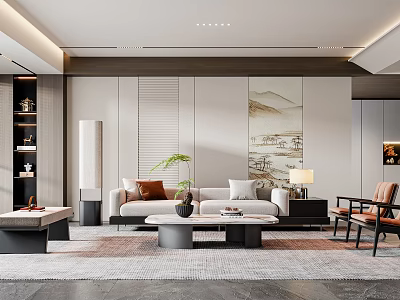 Modern Living Room Interior Design With Sofa Coffee Table Rug And Decorative Painting 3d model