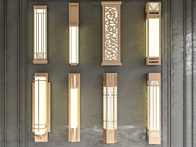 Modern Style Wall Sconces with Various Designs and Warm Light Mounted on Gray Wall 3d model