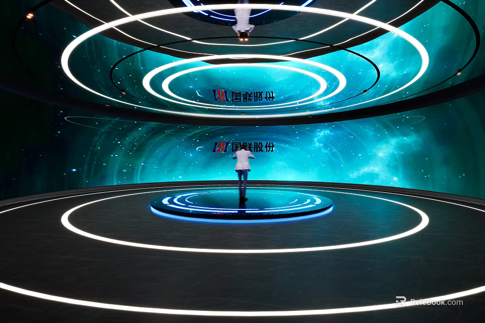 Person On Stage With Blue Halos Circular Structures Starry Background Featuring Baidu Smart Cloud PaddlePaddle 3d model 