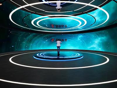 Person On Stage With Blue Halos Circular Structures Starry Background Featuring Baidu Smart Cloud PaddlePaddle 3d model