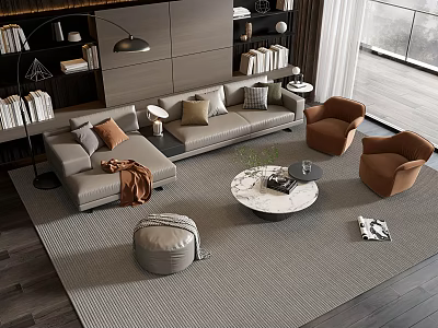 Modern Living Room Sofa And Coffee Table Combination With Armchairs Pillows And Decorative Rug 3d model