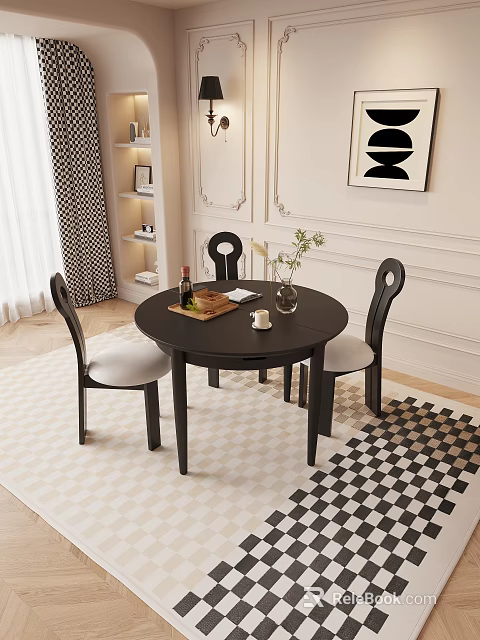 Black Round Dining Table Set With Curved Back Chairs And Checkered Rug Indoor 3d model 