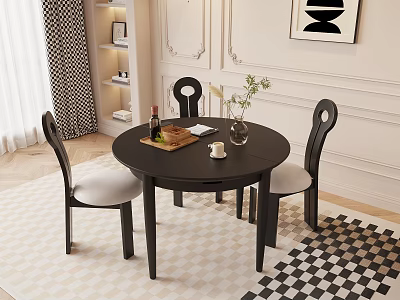 Black Round Dining Table Set With Curved Back Chairs And Checkered Rug Indoor 3d model