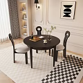 Black Round Dining Table Set With Curved Back Chairs And Checkered Rug Indoor