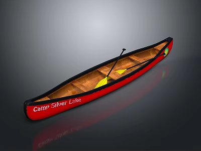 Camp Silver Lake Red Canoe With Wooden Interior And Yellow Paddle 3d model