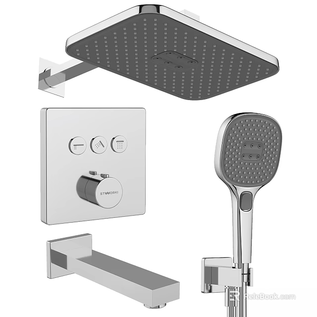 Modern Chrome Shower System with Rainfall Shower Head Handheld Sprayer and Control Panel 3d model 