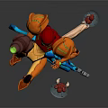 Blue Clad Character and Orange Mechanical Creature in Dynamic Jumping Pose With Circular Shields 3d model