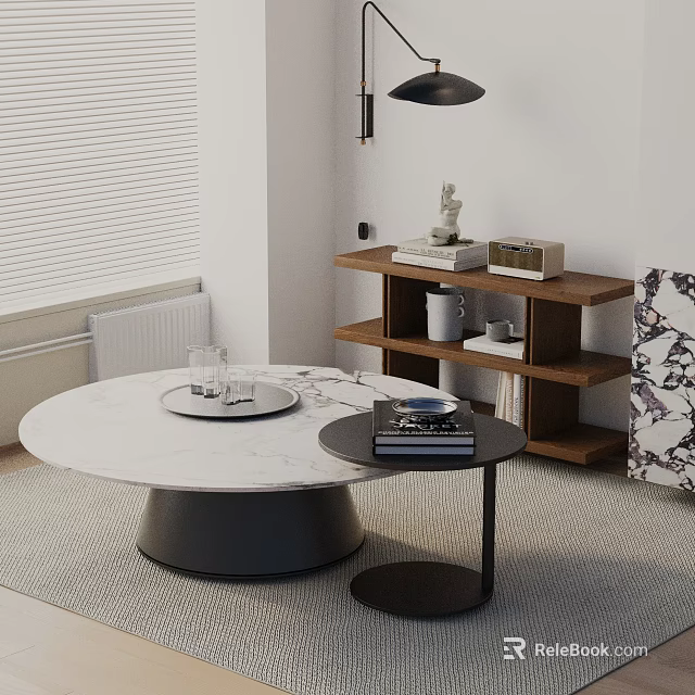 Modern Sofa Coffee Table Set with Round Marble Top Small Side Table and Wooden Shelf 3d model