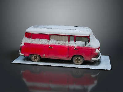 Vintage Red Snow Covered Van On White Platform With Gray Background 3d model Vintage Red Snow Covered Van On White Platform With Gray Background 3d model