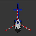 Blue Helicopter with Red and White Striped Rotors Modern Design Transparent Cockpit and Shiny Exterior
