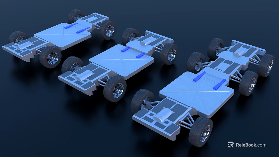 Silver Gray Metal Chassis With Wheels And Blue Components On Dark Background 3d model 
