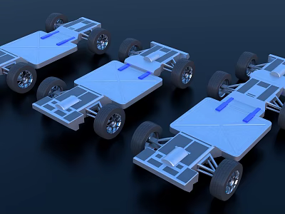 Silver Gray Metal Chassis With Wheels And Blue Components On Dark Background 3d model