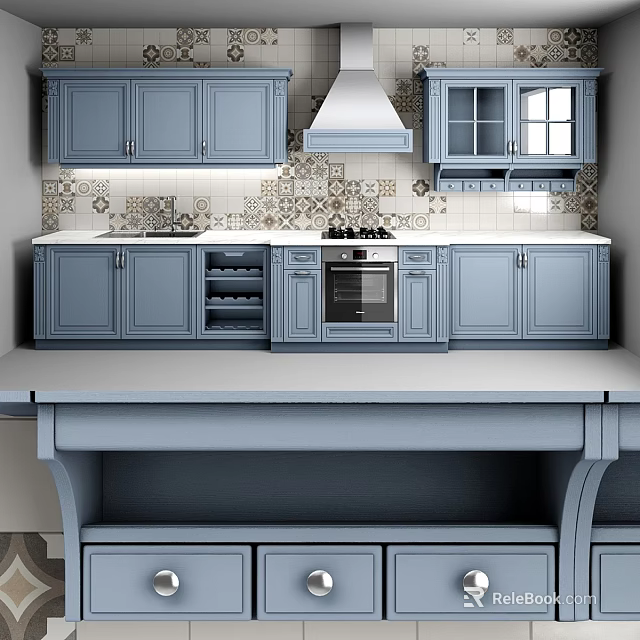 Blue Kitchen Cabinets With Upper Lower Storage Patterned Tile Backsplash Stove And Oven 3d model