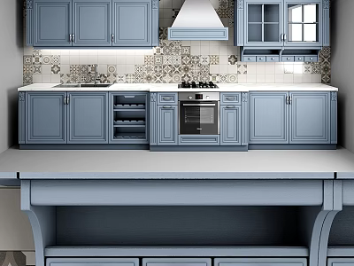 Blue Kitchen Cabinets With Upper Lower Storage Patterned Tile Backsplash Stove And Oven 3d model