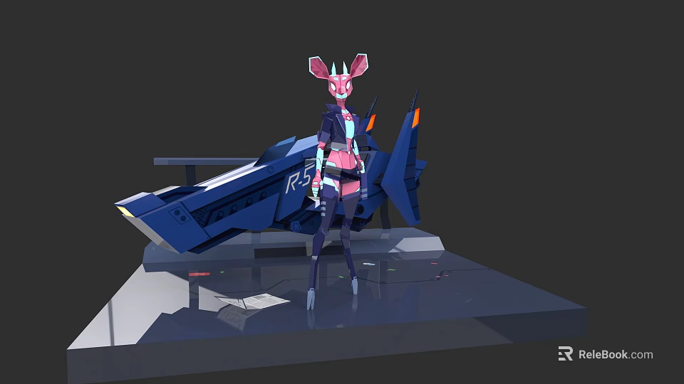 Futuristic Character With Mythical Creature Features Pink Ears Mechanical Blue Aircraft And Purple Outfit 3d model 