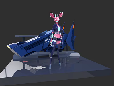 Futuristic Character With Mythical Creature Features Pink Ears Mechanical Blue Aircraft And Purple Outfit 3d model