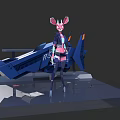 Futuristic Character With Mythical Creature Features Pink Ears Mechanical Blue Aircraft And Purple Outfit
