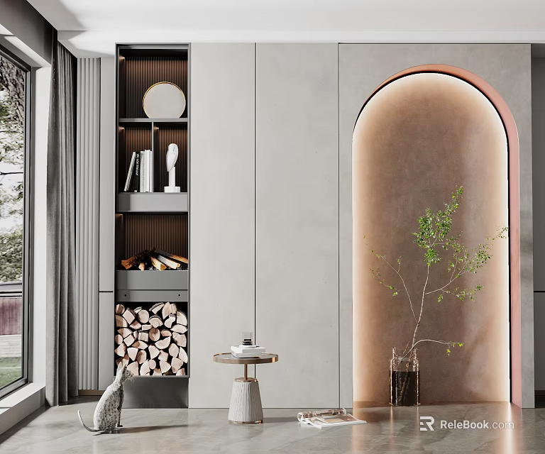 Modern Layered Decorative Cabinet With Black Frame Books Decorations Firewood And Indoor Plant 3d model 