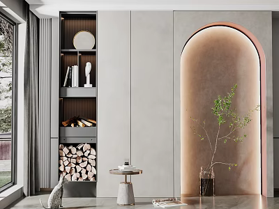 Modern Layered Decorative Cabinet With Black Frame Books Decorations Firewood And Indoor Plant 3d model