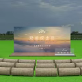 Outdoor Event Setup With Cars Display Board Curved Seats Tents And Arch