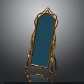 Elegant Standing Mirror With Golden Ornate Frame And Blue Reflective Surface