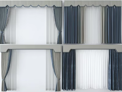 Stylish Double Layer Curtains With Sheer And Solid Panels In Blue Gray And White 3d model